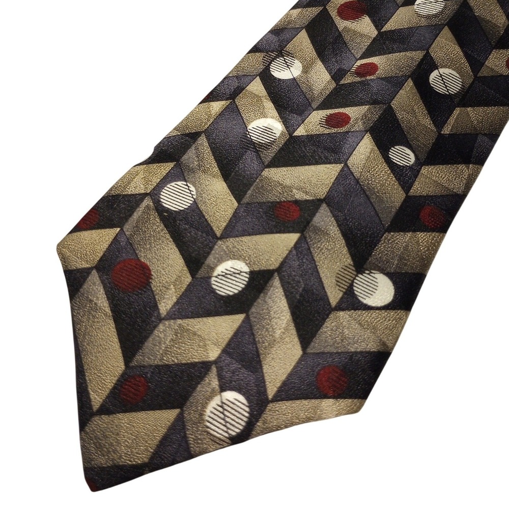 Ashberry Mens Silk Tie Geometric Chevron Polka Dot Grey Gold Red Made in USA